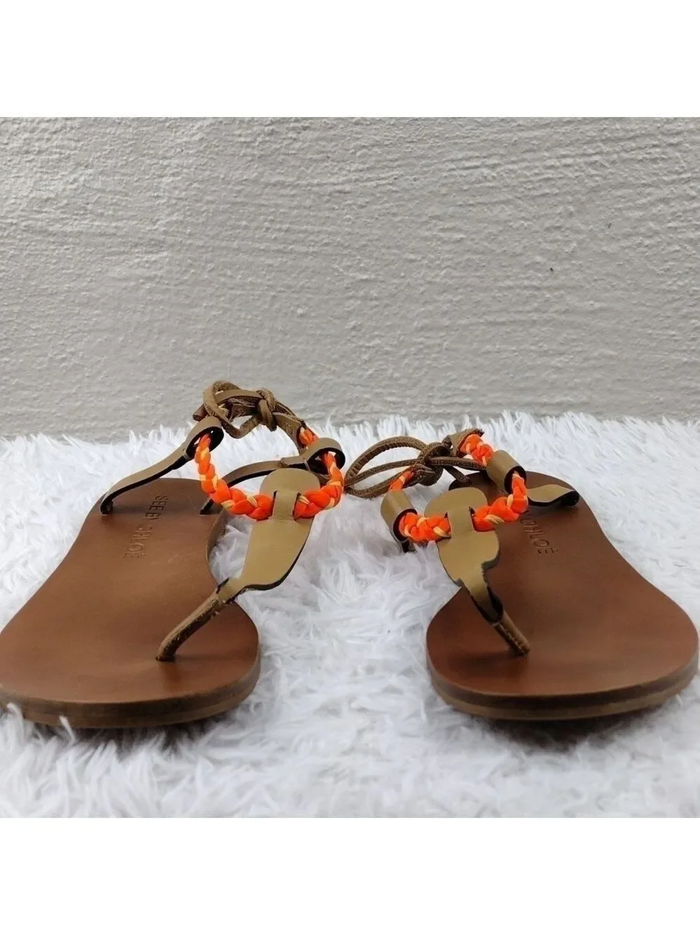 See By Chloe Tan Leather Almond Toe Thong Braided T-Strap Ankle Lace Sandal Shoe